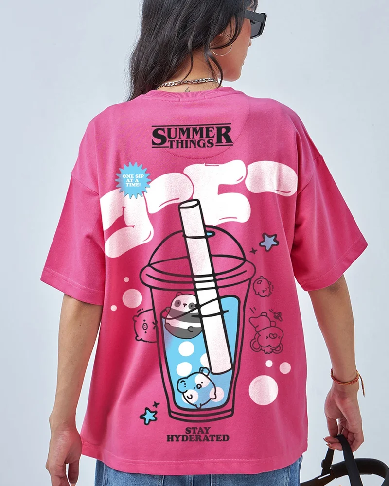 bewakoof Women's Pink Just Summer Things Graphic Printed Oversized T-shirt